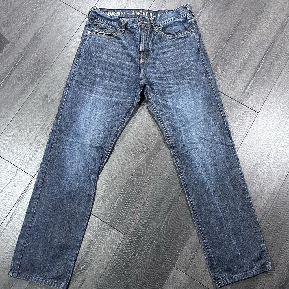 Ring Of Fire Jeans Mens 34x32 Blue Medium Wash Straight‎ Leg Faded Denim Utility